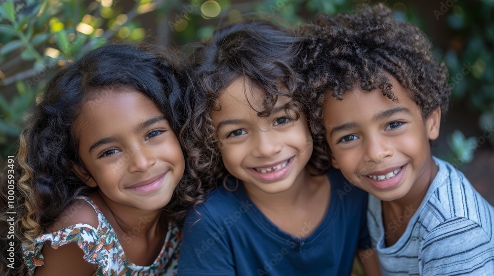 A heartwarming portrait of three kids from diverse backgrounds, smiling together A heartwarming portrait of three kids from diverse backgrounds, smiling together