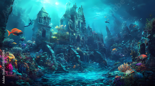 A mystical underwater kingdom hidden beneath the waves, where merfolk and sea creatures dwell amidst coral reefs and ancient ruins. illustration. Merfolk Kingdom. Illustration