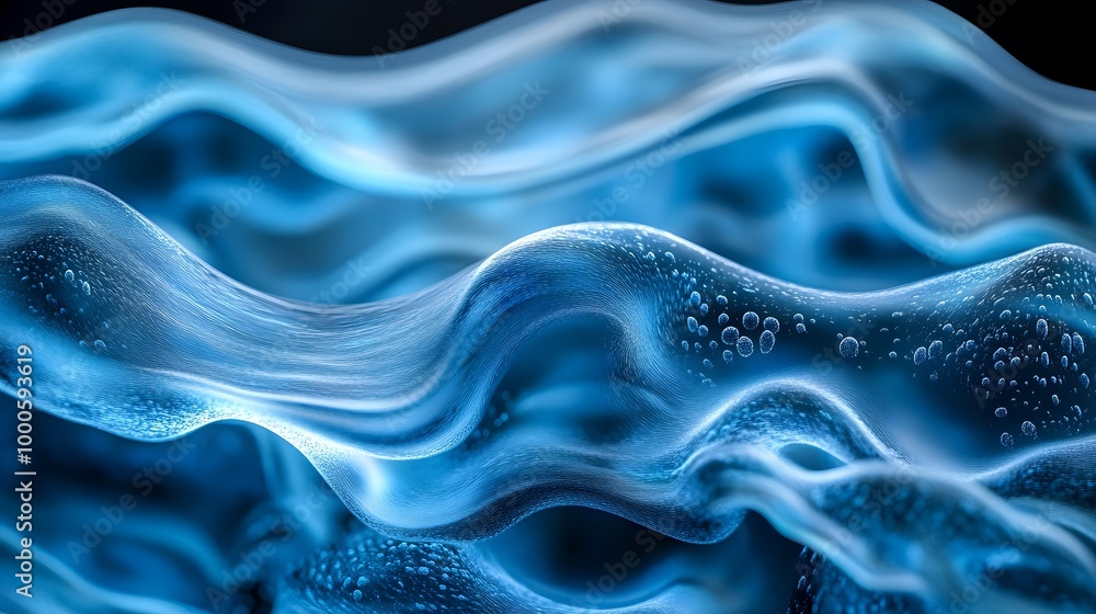 Obraz premium Abstract blue wavy liquid surface with water drops.