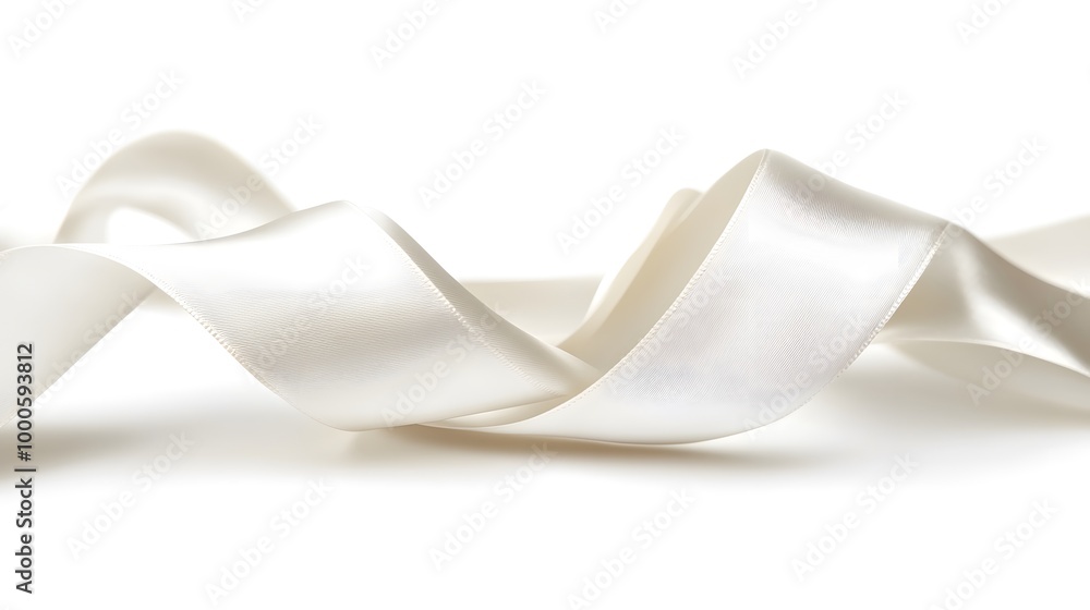 Close-up of a white satin ribbon curled and flowing on a white background. Close-up of a white satin ribbon curled and flowing on a white background.