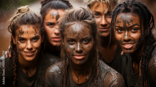 A group of people are covered in mud and dirt