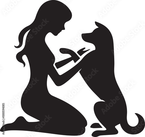 black Heartwarming Woman Kneeling and Touching Her Dog silhouette vector icon black and white