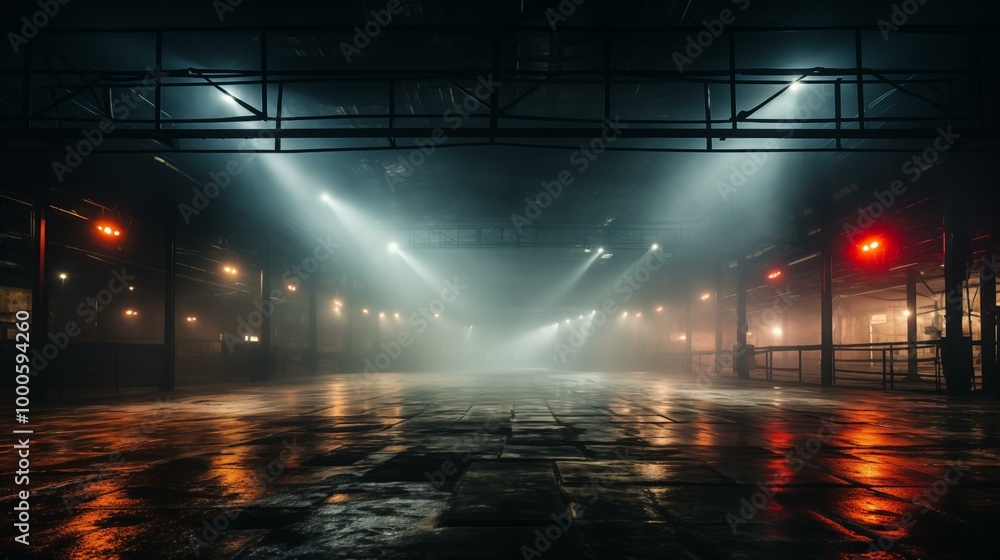 A large, empty warehouse with a foggy atmosphere A large, empty warehouse with a foggy atmosphere