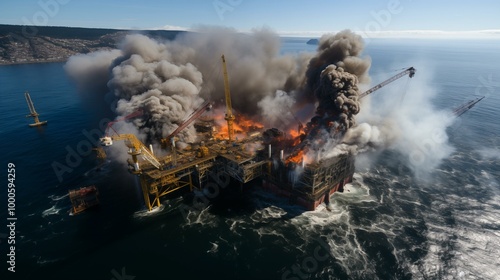 A large oil rig is on fire in the ocean