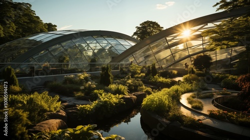 A large greenhouse with a lot of plants and a pond photo