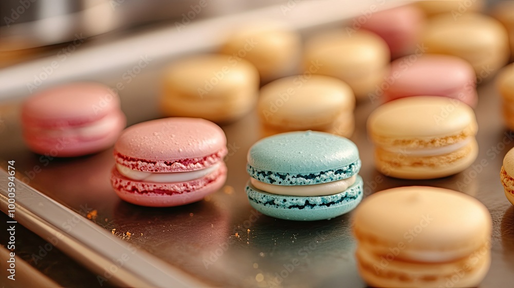 Close-up of Perfectly Piped Macarons on Baking Sheet Close-up of Perfectly Piped Macarons on Baking Sheet
