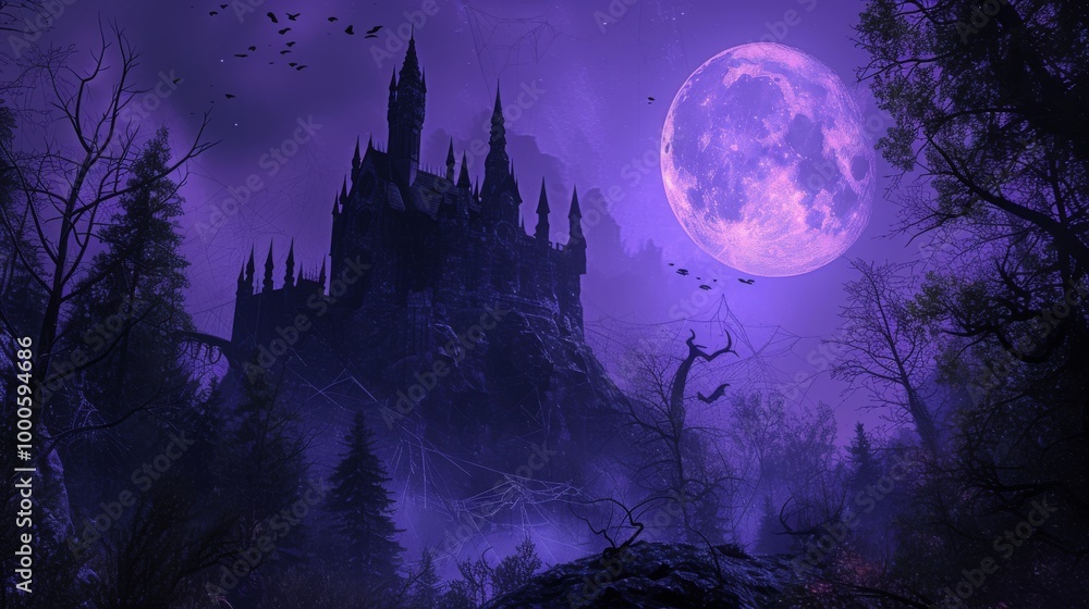 Fototapeta premium A towering gothic castle rises under a full moon, with a dense forest and barren trees surrounding it. The purple-toned night sky adds a mystical and eerie ambiance, creating a perfect setting for