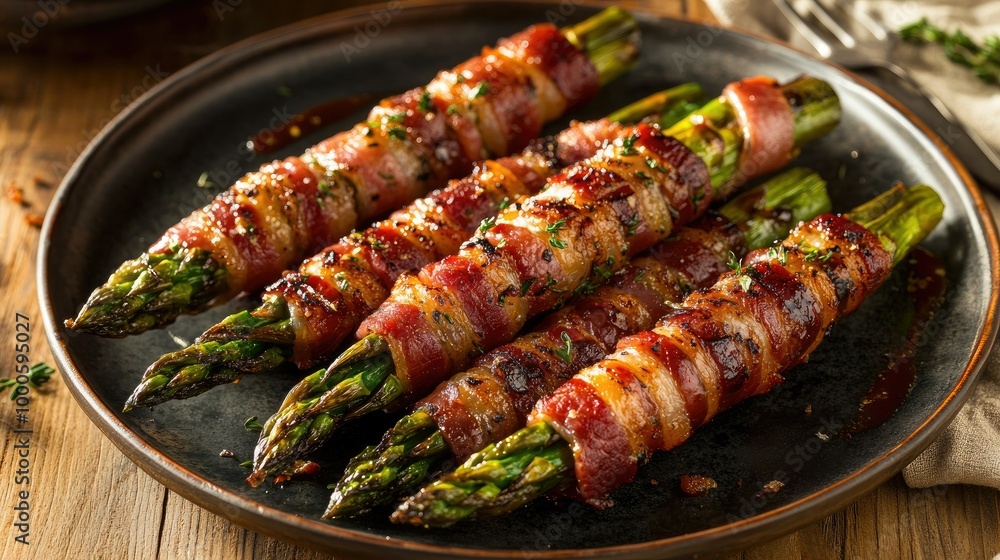 Crispy Bacon Wrapped Asparagus on Elegant Plate Crispy Bacon Wrapped Asparagus on Elegant Plate