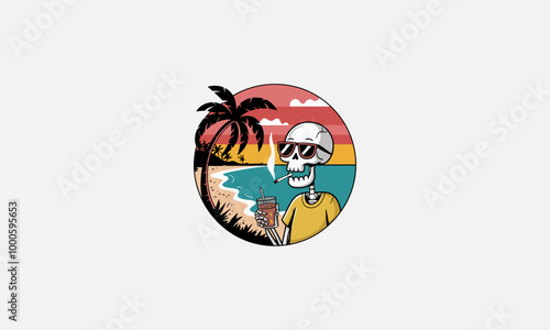Skeleton wearing sunglasses, smoking, and enjoying a drink on the beach