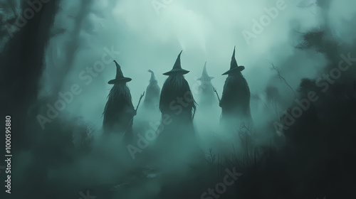 A mysterious coven of witches shrouded in mist, ideal for halloween-themed designs and spooky events, with copy space. Witch Coven. Illustration photo