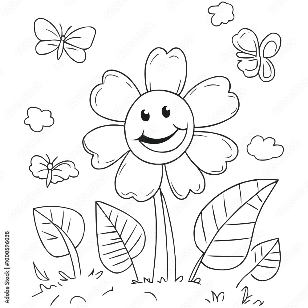 A simple flower with butterflies coloring page cartoon flowers coloring page Editable Vector A simple flower with butterflies coloring page cartoon flowers coloring page Editable Vector