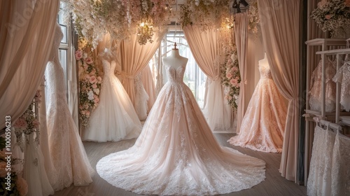 Elegant pink wedding gowns on a bridal boutique