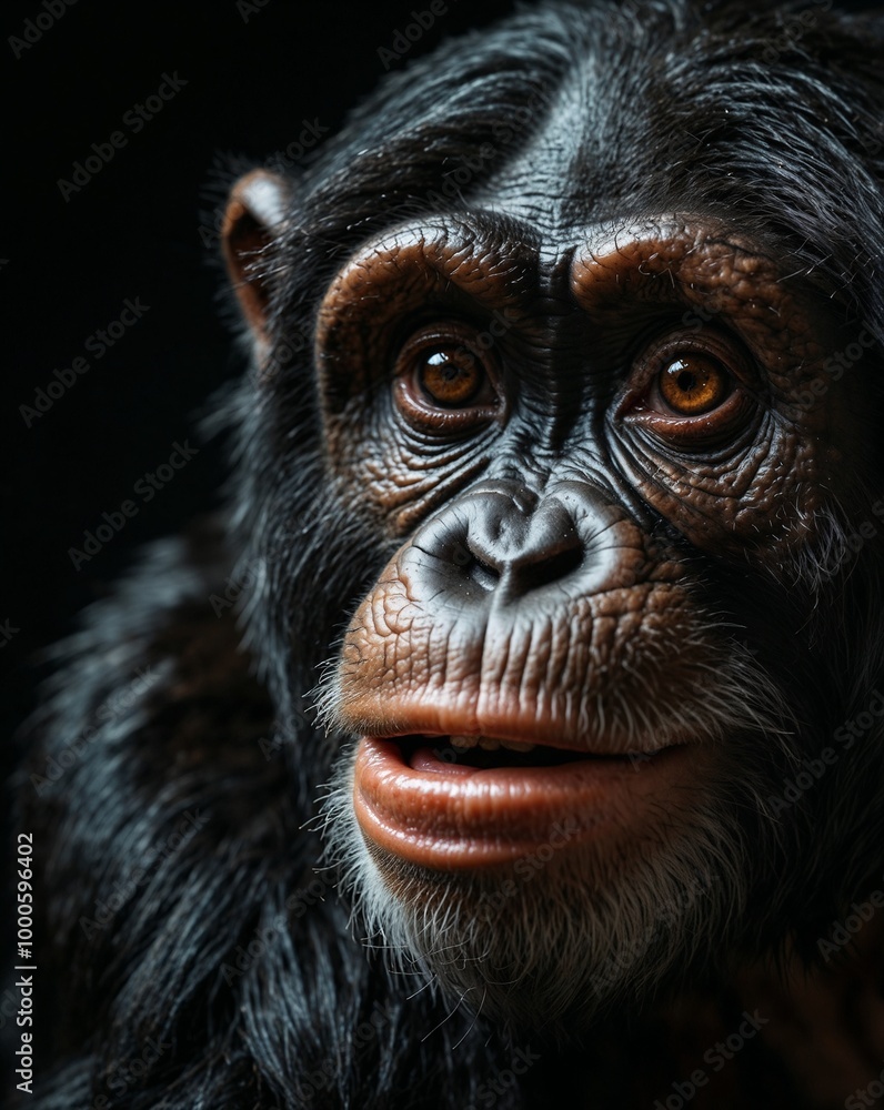 professional photo of chimpanzee close up front view in a dark room black background professional photo of chimpanzee close up front view in a dark room black background