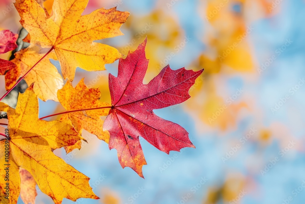 Beautiful autumn background of red and yellow maple leaves on the tree, selective focus - generative ai Beautiful autumn background of red and yellow maple leaves on the tree, selective focus - generative ai