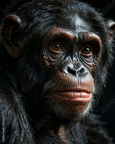  3 professional photo of chimpanzee close up candid in a dark room black background photo