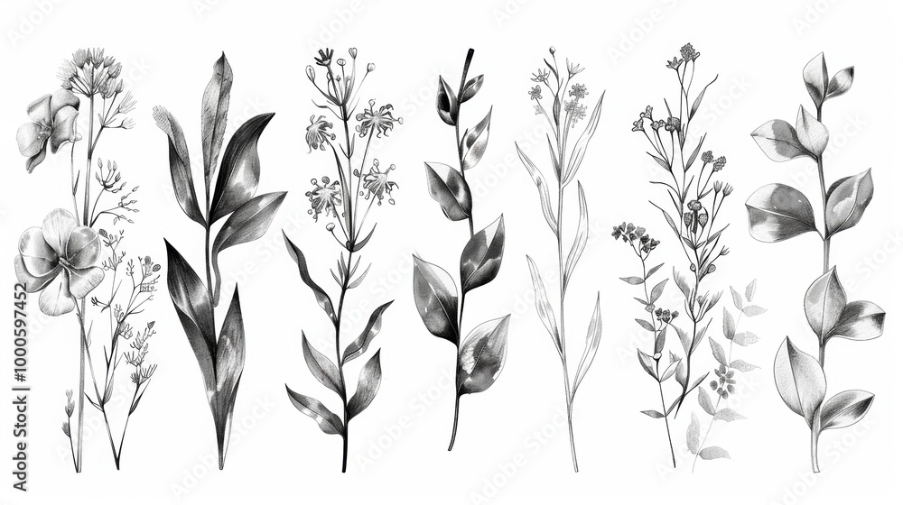 Naklejka premium Elegant Botanical of Diverse Flowers and Foliage Silhouettes in Monochrome Style