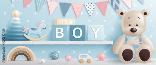 It?s a boy. Baby shower banner with cute bear