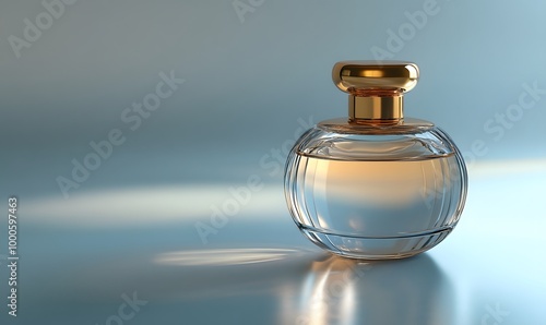 Elegant glass perfume bottle with a golden cap reflecting soft light , Generative AI