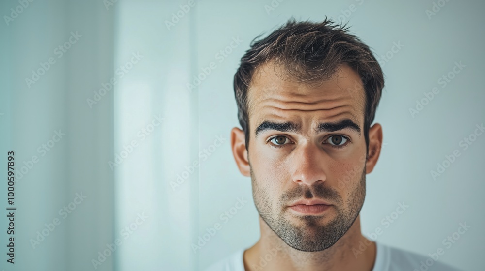 Obraz premium Man Reflecting in Bathroom Mirror with Thinning Hair and Worried Expression