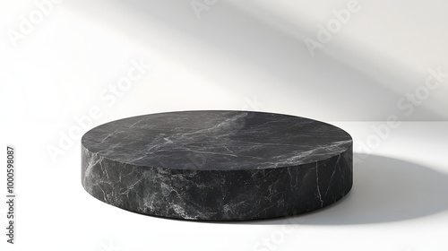 4. A stunning 3D visualization of a round, solid black stone pedestal designed for product exhibitions, showcasing a sophisticated and bold design that captures attention photo