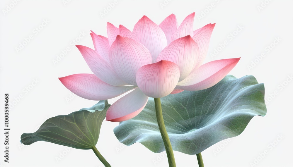 Pink Lotus Flower with Green Leaves Isolated on White Background Pink Lotus Flower with Green Leaves Isolated on White Background