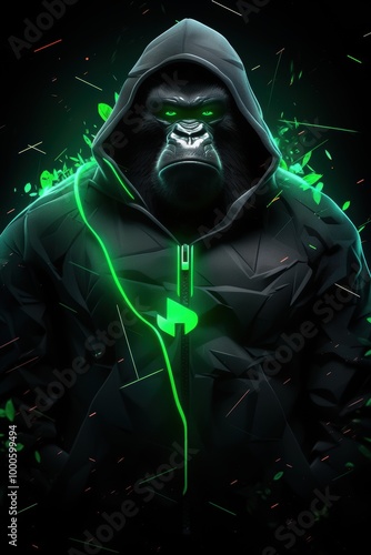 Gorilla in a Hoodie with Neon Green Glow photo