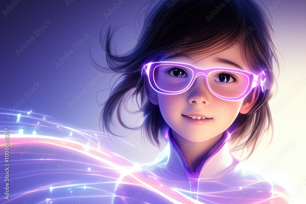 Futuristic Girl with Glowing Glasses and Purple Light Streaks