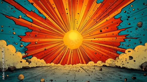 A vibrant comic book explosion with a bright sun at the center and a textured, gritty background.