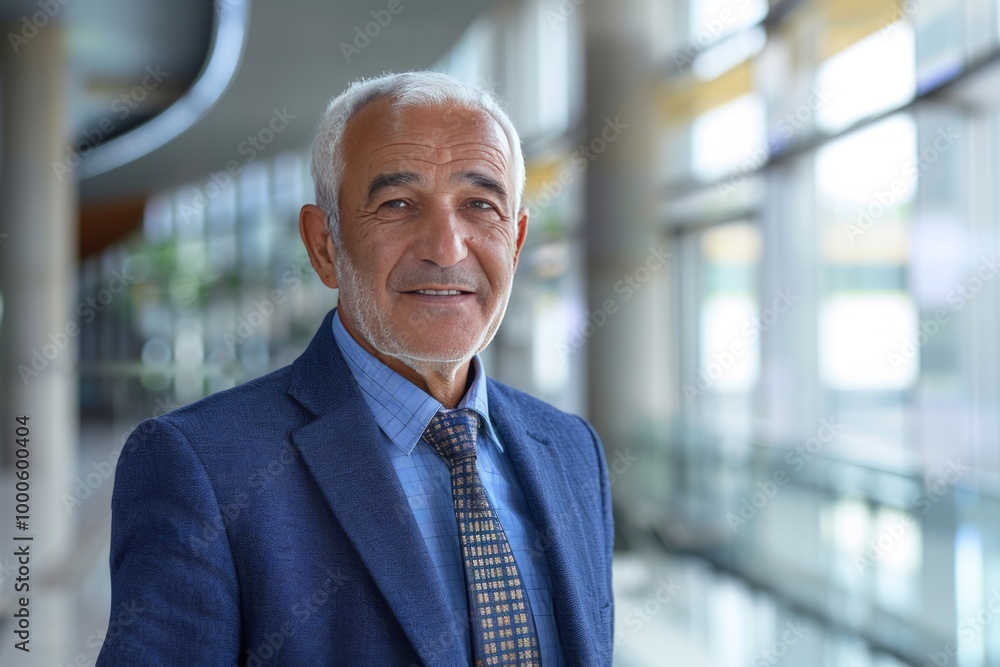 Portrait of successful senior Kurd businessman consultant looking at camera and smiling inside modern office building , background blur Portrait of successful senior Kurd businessman consultant looking at camera and smiling inside modern office building , background blur