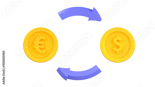 concept of converting euro coins to dollar, currency exchange rate, 3d render