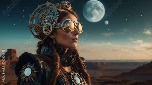 in the center of the composition a steampunk image