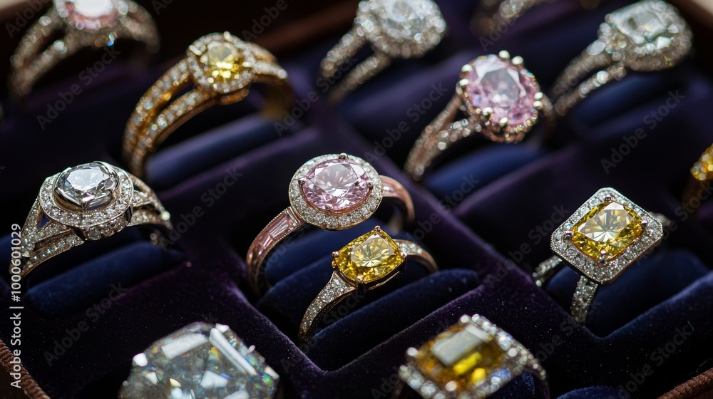 Collection of luxurious rings in various designs, showcasing unique details and sparkle in a velvet box. Collection of luxurious rings in various designs, showcasing unique details and sparkle in a velvet box.