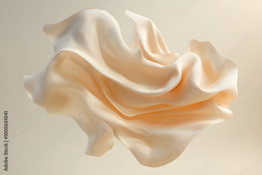 3D render of an abstract shape in beige silk fabric floating on a neutral background. Creative design with a fluid cloth element. 3D render of an abstract shape in beige silk fabric floating on a neutral background. Creative design with a fluid cloth element.