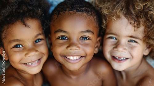 A close-up photo of three happy kids with different hair textures