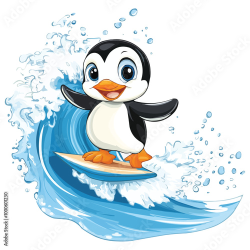 Cute cartoon penguin surfing on a surfboard in a water wave