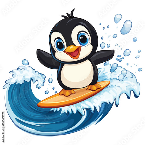 Cute cartoon penguin surfing on a surfboard in a water wave