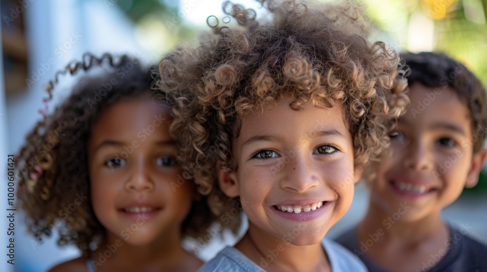 A close-up photo of three kids with different hair textures, smiling brightly A close-up photo of three kids with different hair textures, smiling brightly