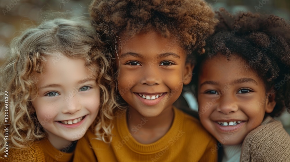 A close-up photo of three kids with different hair textures, smiling brightly A close-up photo of three kids with different hair textures, smiling brightly