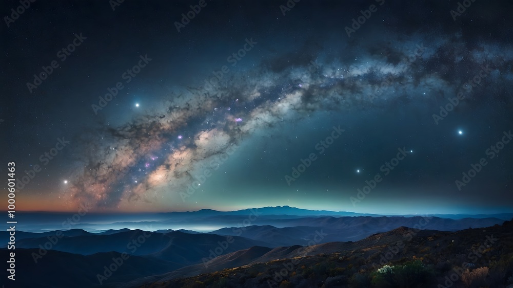 Captivating View of the Milky Way Galaxy Over Mountains at Twilight in a Serene Night Sky Captivating View of the Milky Way Galaxy Over Mountains at Twilight in a Serene Night Sky