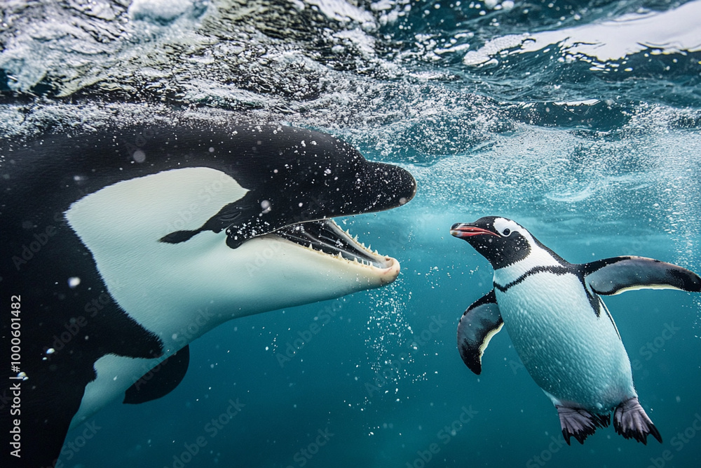 Naklejka premium Orca and Penguin underwater under the sea