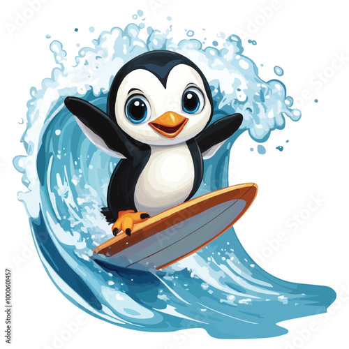 Cute cartoon penguin surfing on a surfboard in a water wave