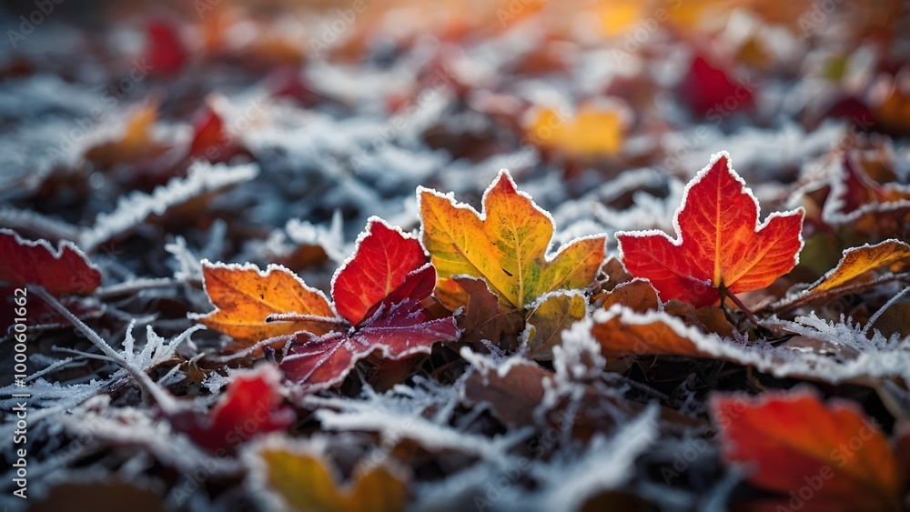Frost-covered Autumn Leaves Resting on the Ground During a Chilly Morning in Late Fall Frost-covered Autumn Leaves Resting on the Ground During a Chilly Morning in Late Fall