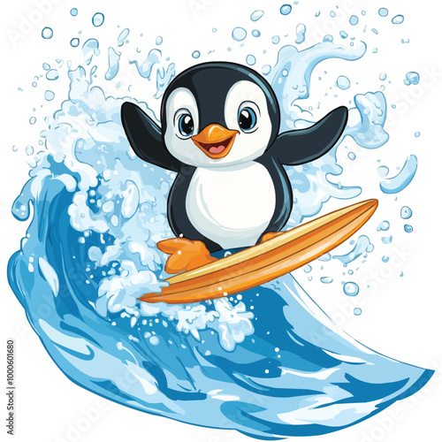 Cute cartoon penguin surfing on a surfboard in a water wave