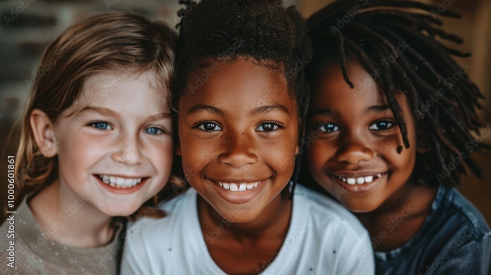 A close-up photo of three kids with diverse skin tones, smiling warmly A close-up photo of three kids with diverse skin tones, smiling warmly