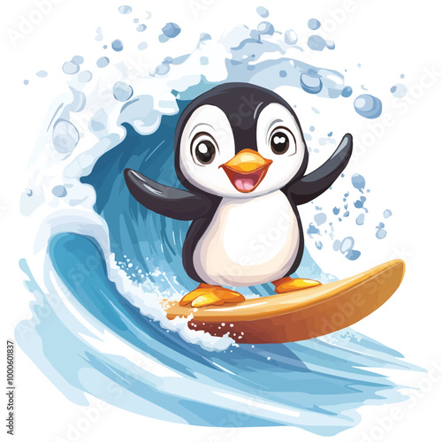 Cute cartoon penguin surfing on a surfboard in a water wave