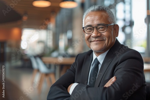 Portrait of successful senior Maori businessman consultant looking at camera and smiling inside modern office building , background blur