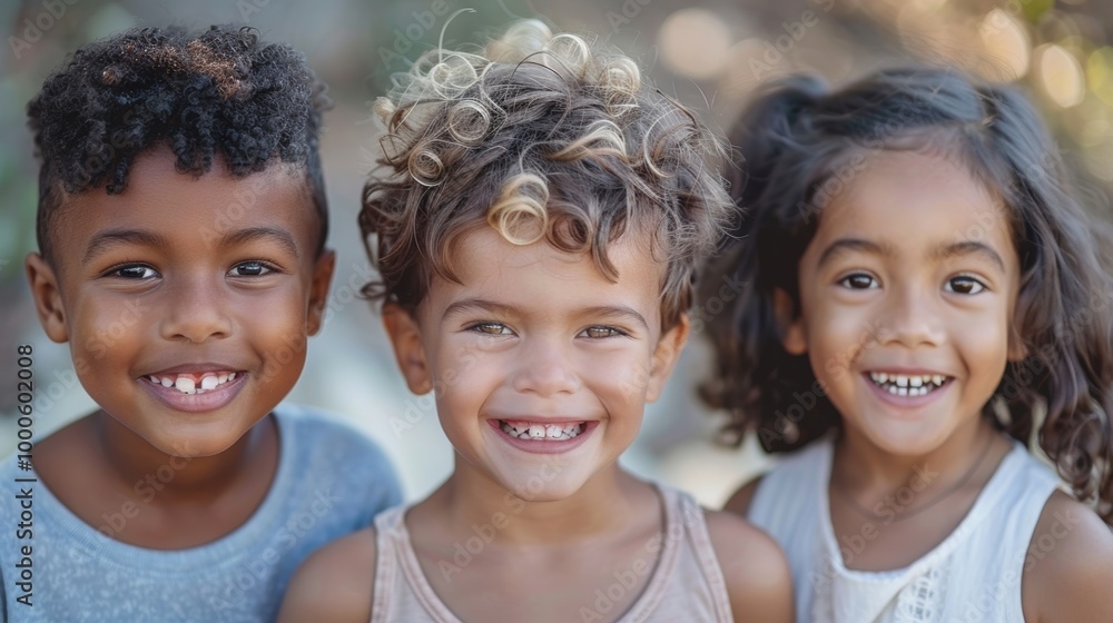 A close-up photo of three kids with varied hair textures, smiling brightly A close-up photo of three kids with varied hair textures, smiling brightly