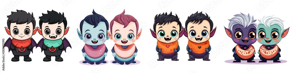 Fototapeta premium Cute cartoon characters dressed as vampires and monsters, colorful and fun for Halloween-themed designs.