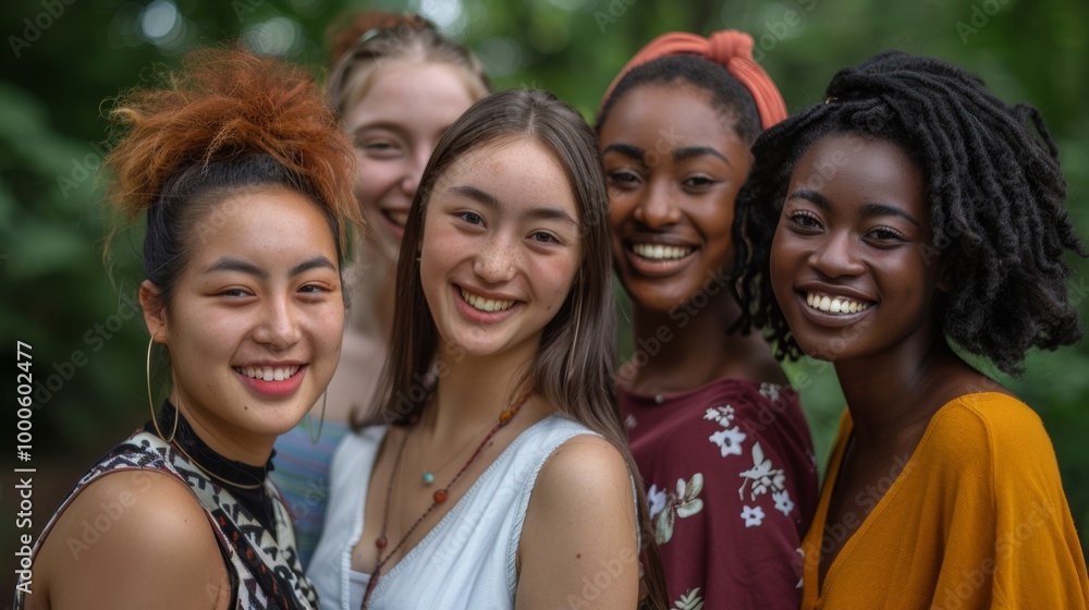 A diverse group of young women, all smiling and standing closely together A diverse group of young women, all smiling and standing closely together