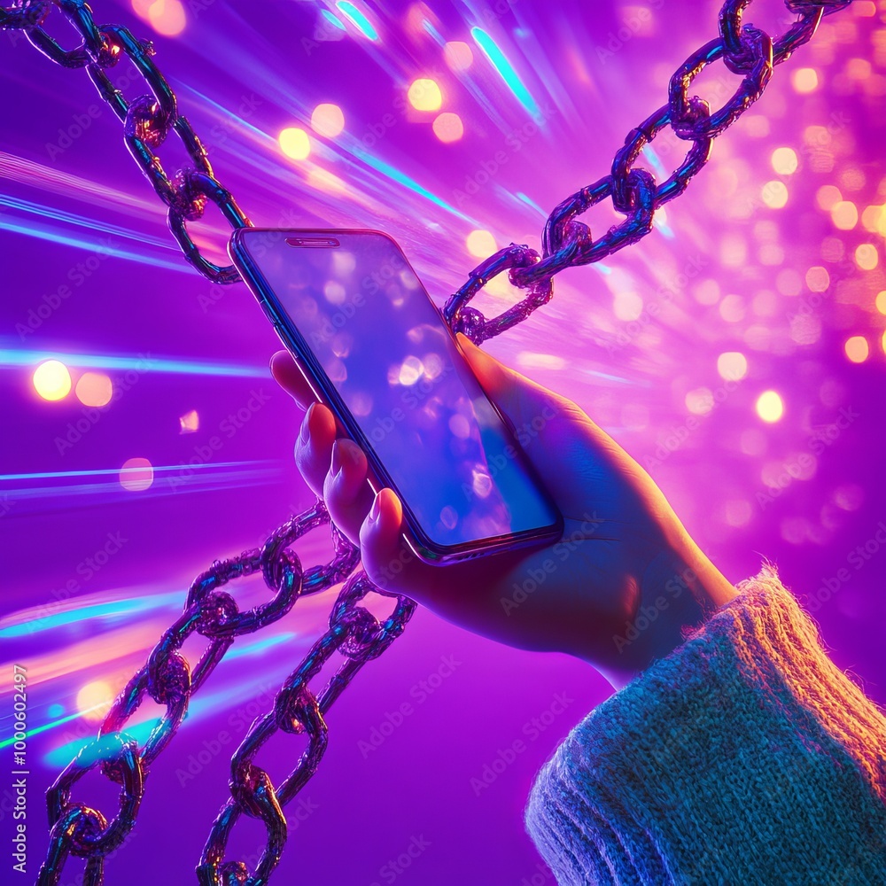 A hand grips a smartphone encased in glowing digital chains, set against a vibrant purple backdrop with dynamic light streaks and bokeh effects. The image conveys a sense of technological constraint